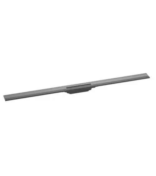 Dünne graue Duschrinne von Hansgrohe mit mittiger Ablauffläche, geeignet für Wandmontage, minimalistisches Design, Darstellung ohne sichtbare Maße.